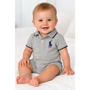 Ralph Lauren Baby Polo Romper 12M Grey Short Sleeve Big Pony Logo One Piece